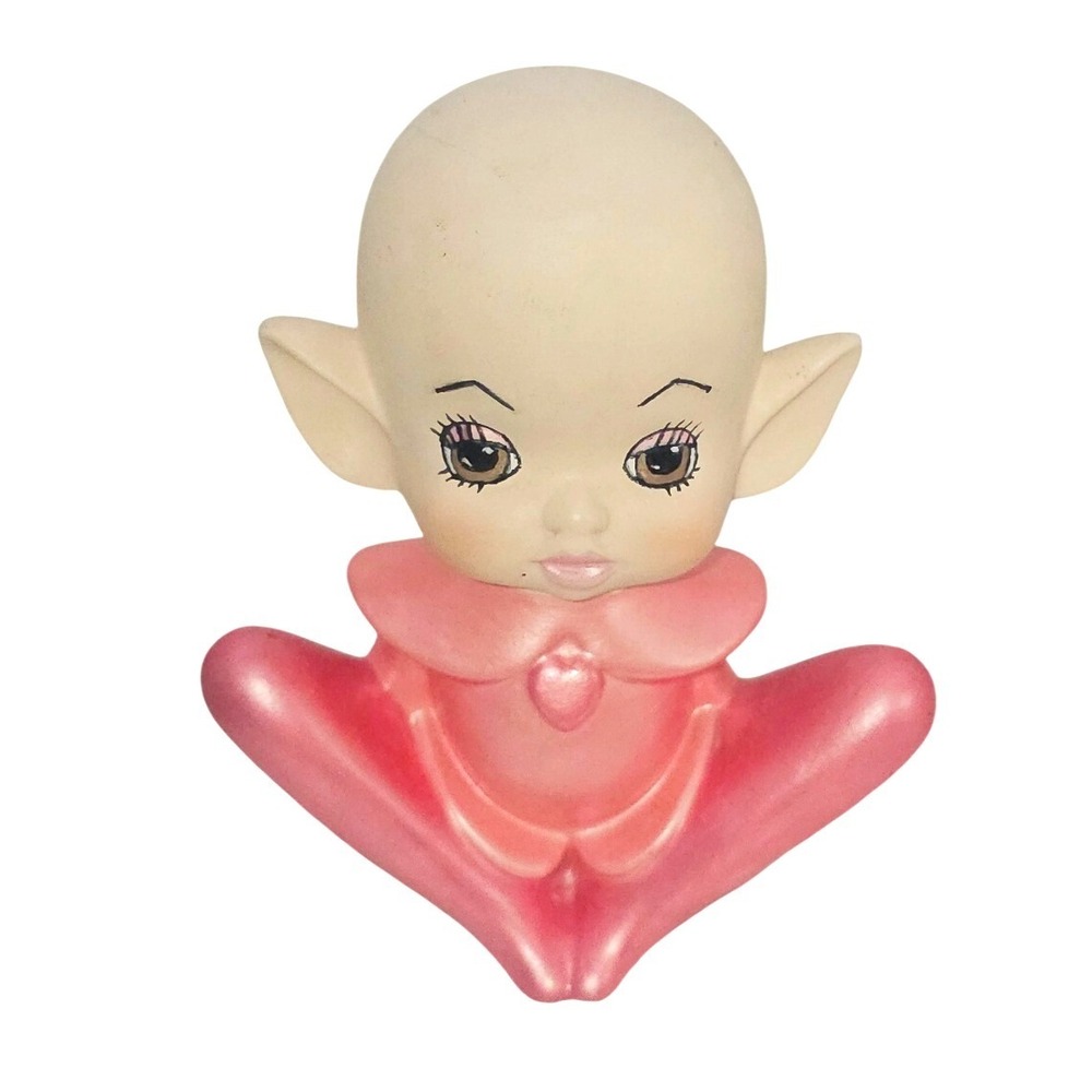 Vintage Ceramic Pixie Elf Figurine Pink Heart‎ Collar Bald Fantasy Decor 5.5in